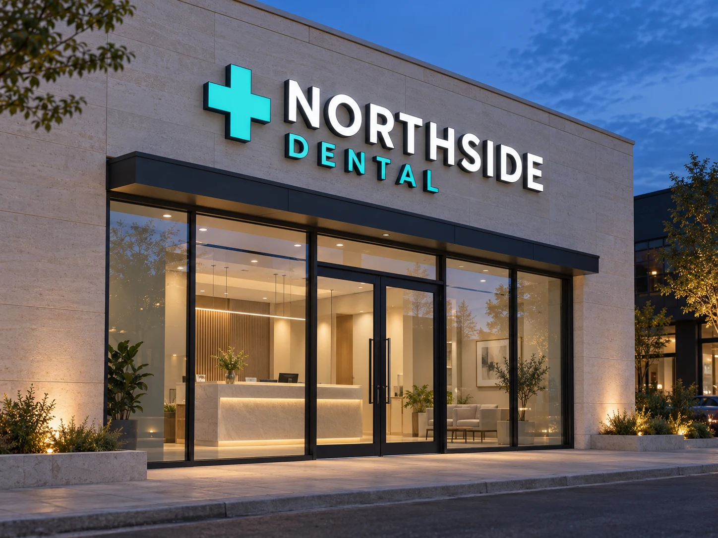 NORTHSIDE DENTAL individual front-lit letters on a limestone clinic frontage