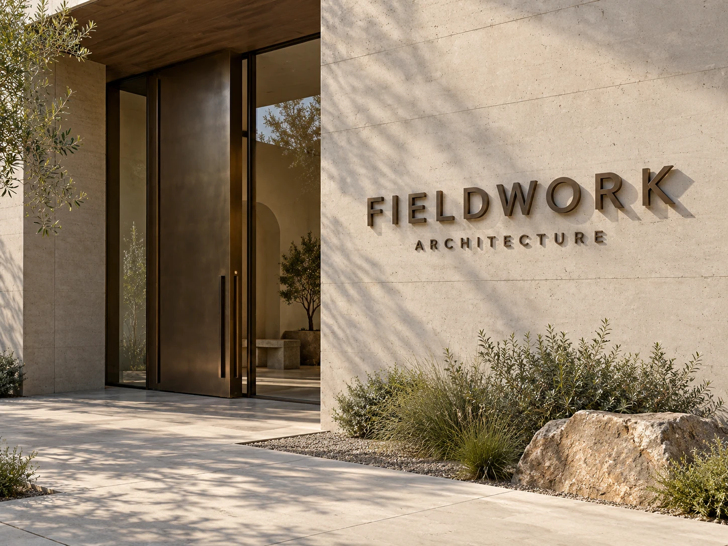 Unlit bronze FIELDWORK ARCHITECTURE lettering with natural shadows on a concrete entrance