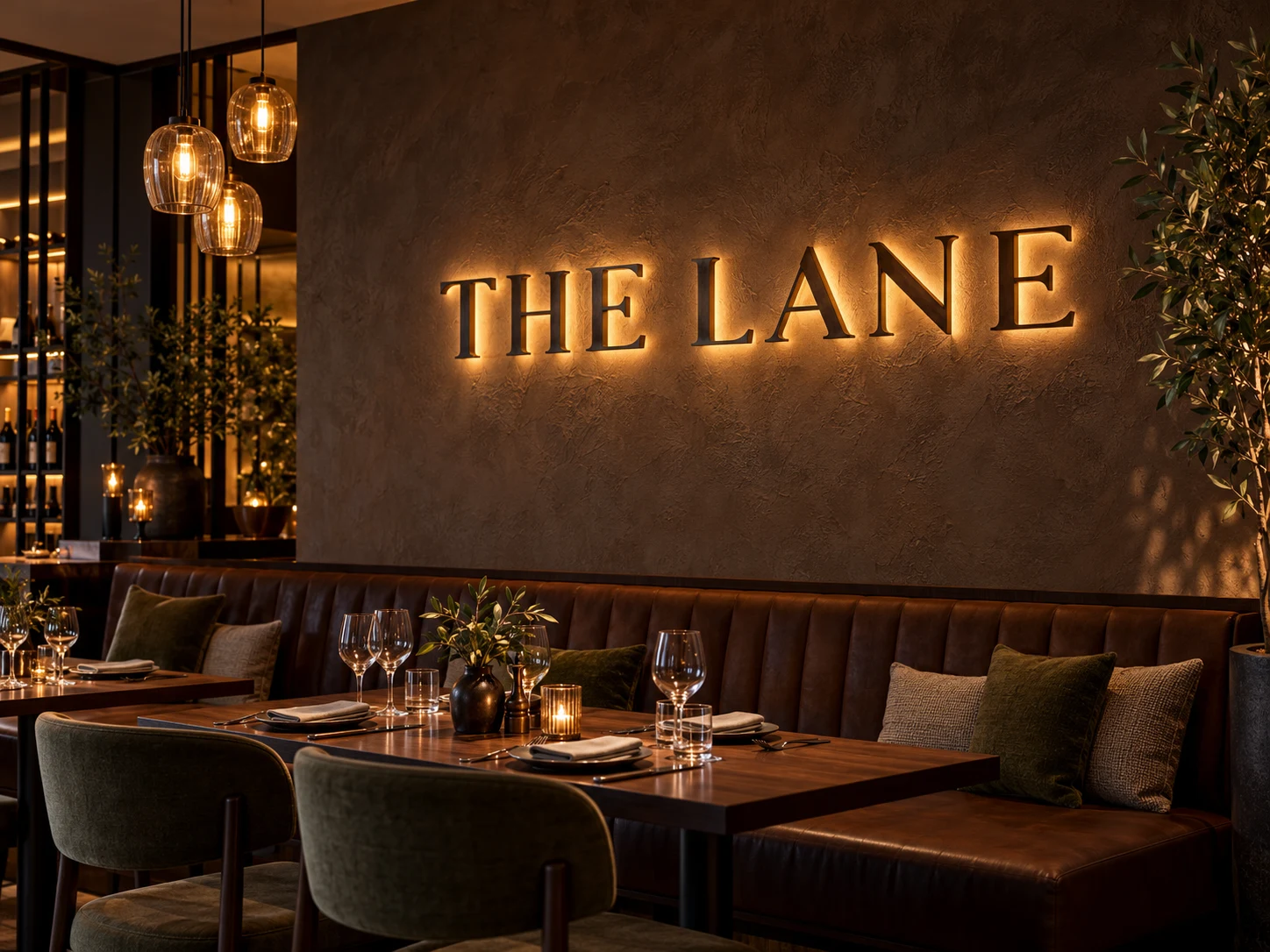 Warm halo-lit THE LANE lettering in a hospitality interior
