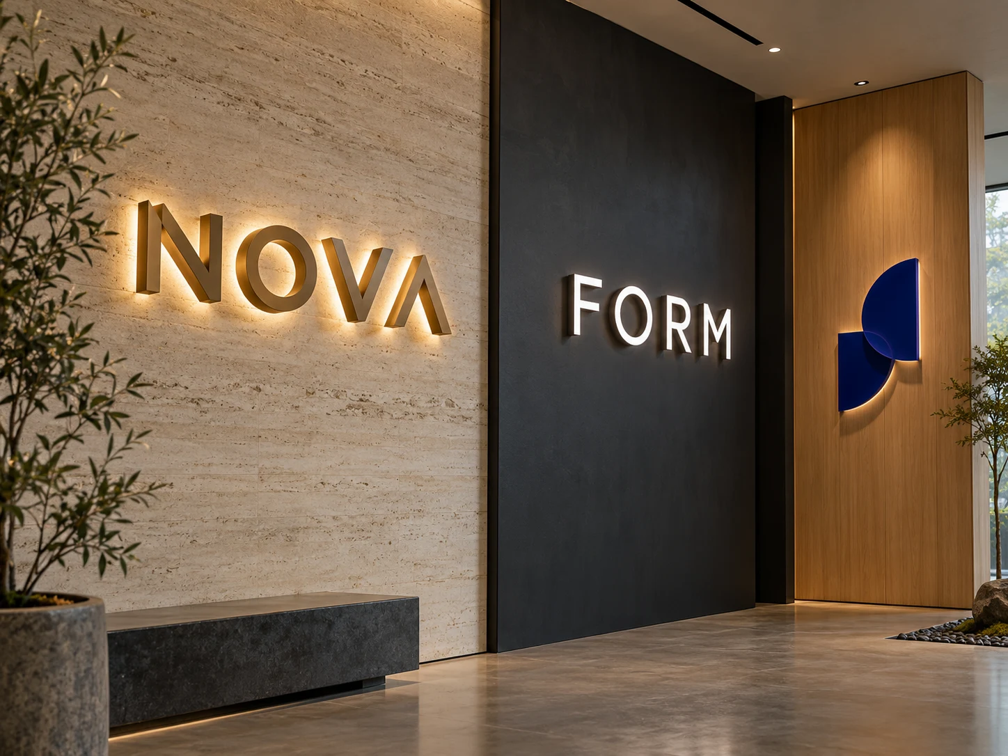 A curated display of halo-lit bronze, front-lit lettering and a layered acrylic logo