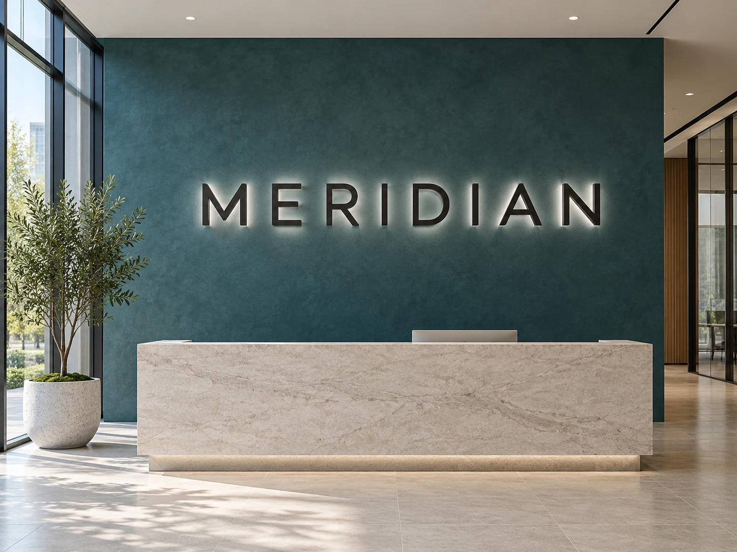Opaque MERIDIAN metal letters with neutral-white rear halo on a deep teal reception wall
