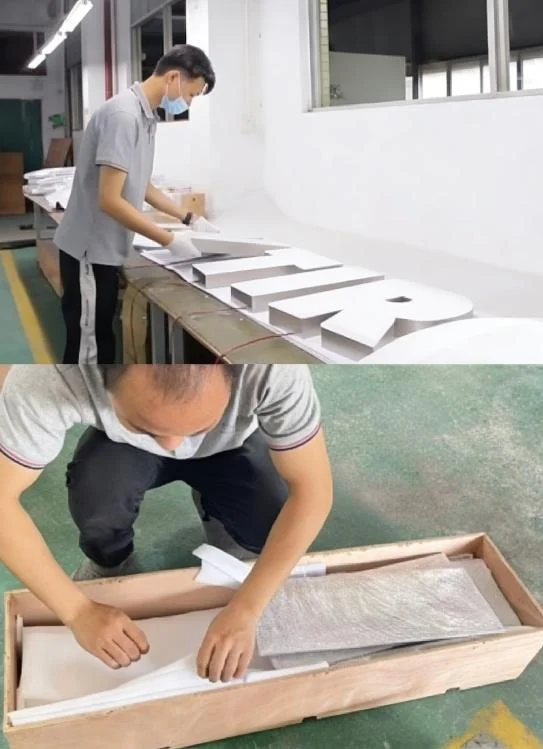 Finished sign components being protected inside a shipment crate