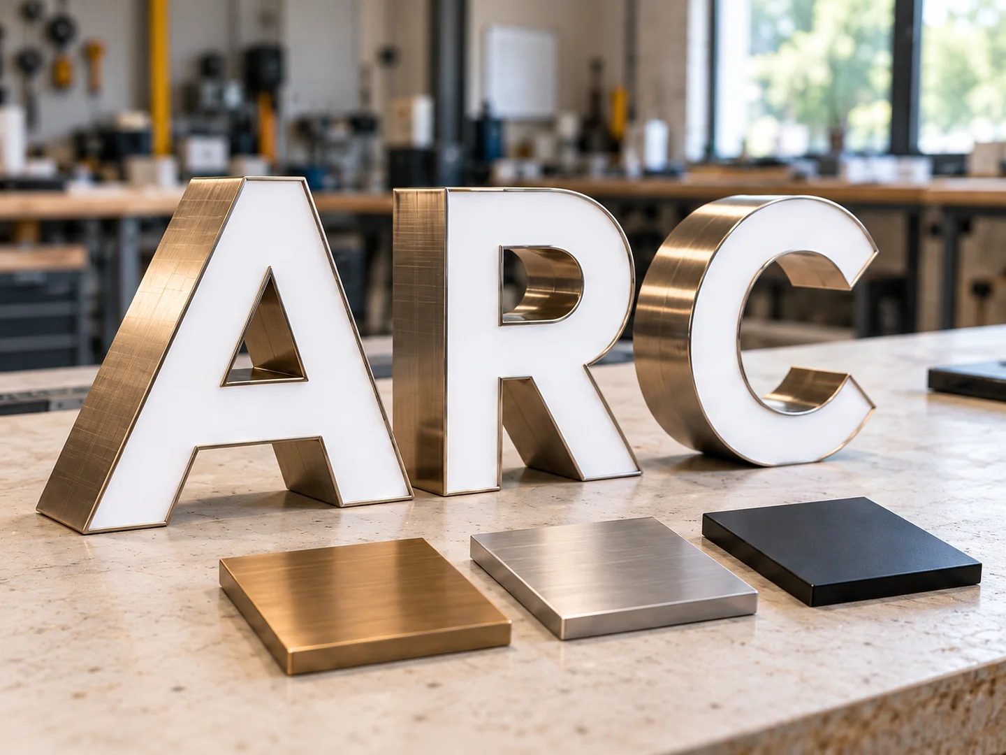 ARC metal lettering with finish samples — appearance study