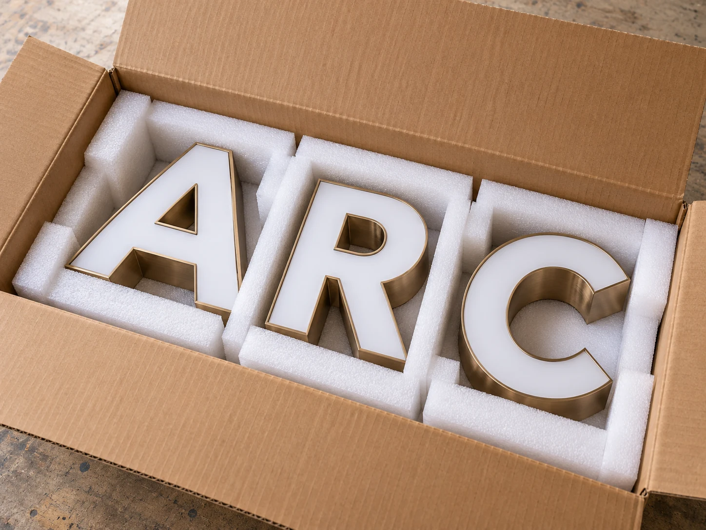 Illustrative dimensional letters separated and protected by foam inside a carton