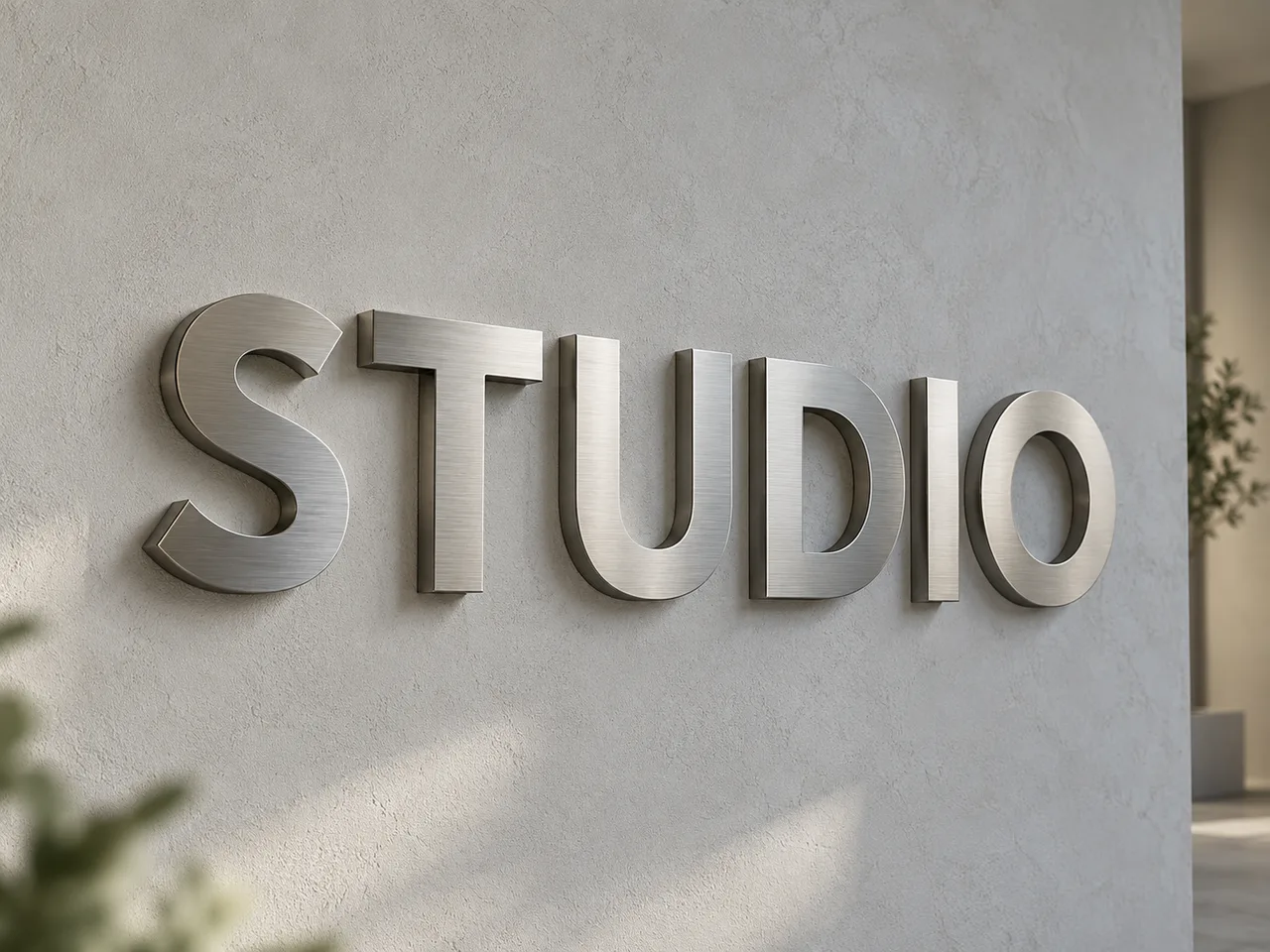 Unlit metal STUDIO letters with visible depth and natural shadows on a pale wall