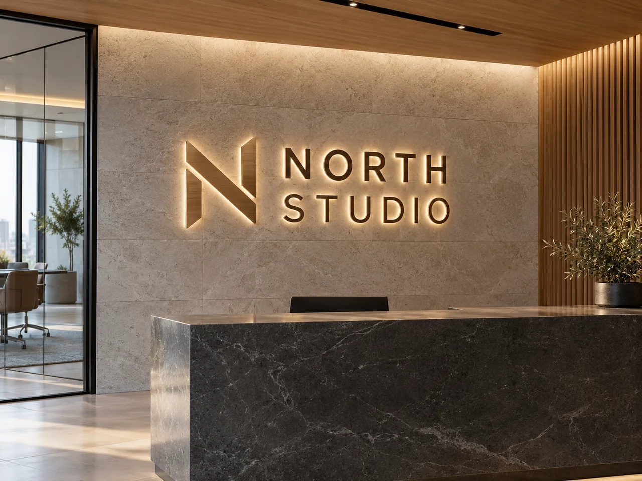 NORTH STUDIO halo-lit lettering on a stone reception wall