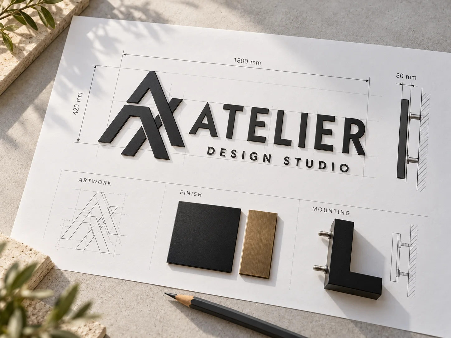 Illustrative ATELIER drawing with overall dimensions, finish samples and fixing details