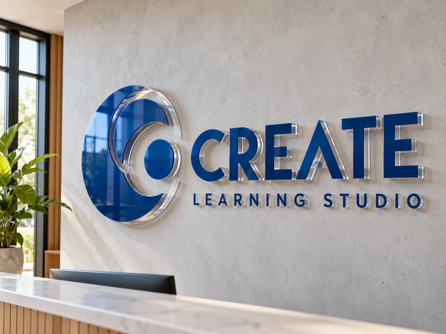 Blue and clear layered CREATE learning studio logo showing translucent edges