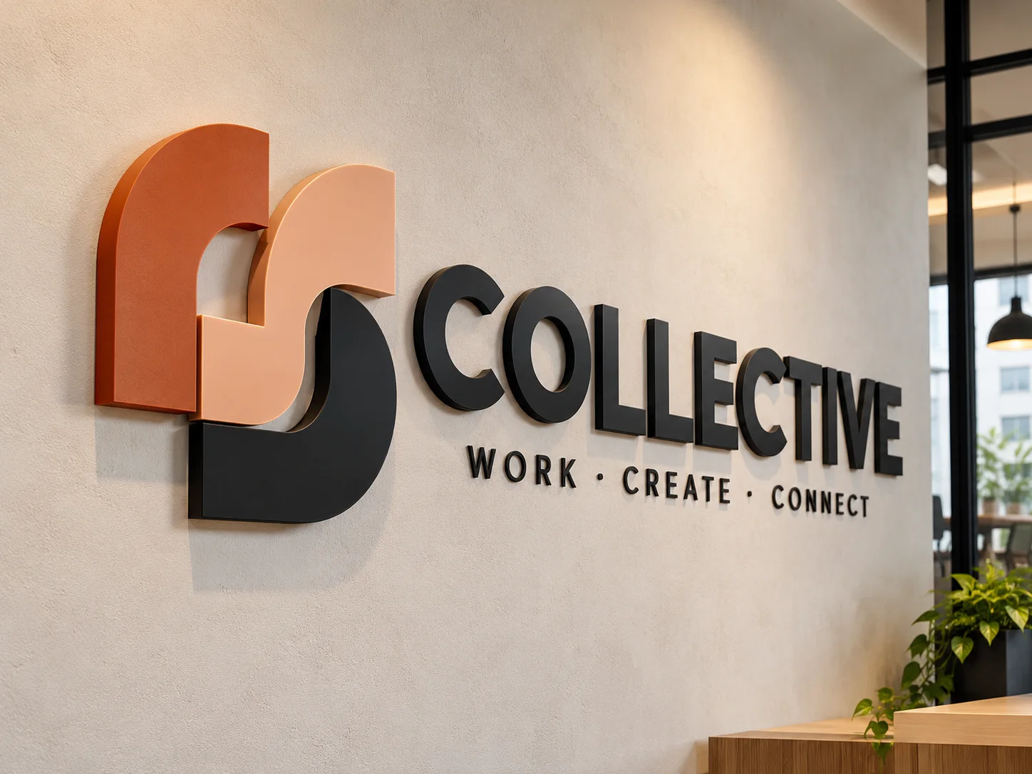 Peach, terracotta and black layered COLLECTIVE logo on a light office wall