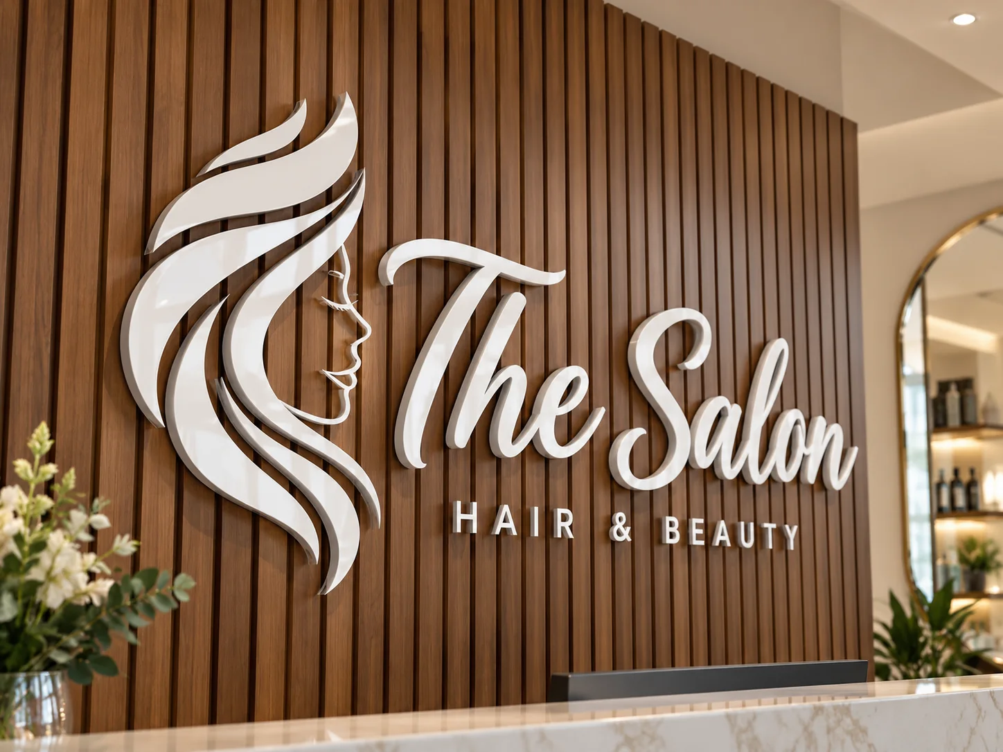 White acrylic hair silhouette and script salon lettering on walnut slats