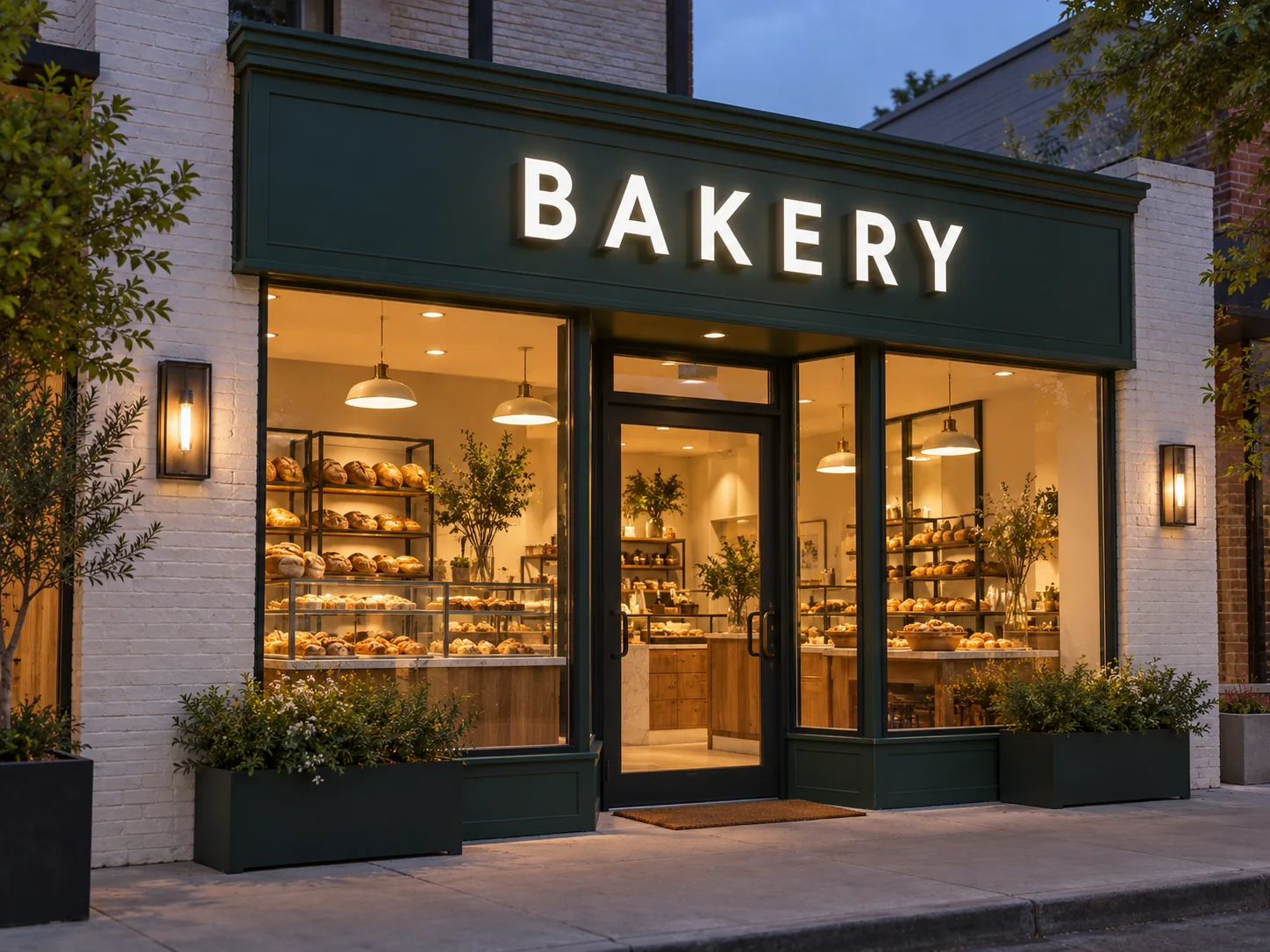 White front-lit BAKERY lettering on a green fascia above a warmly lit shop