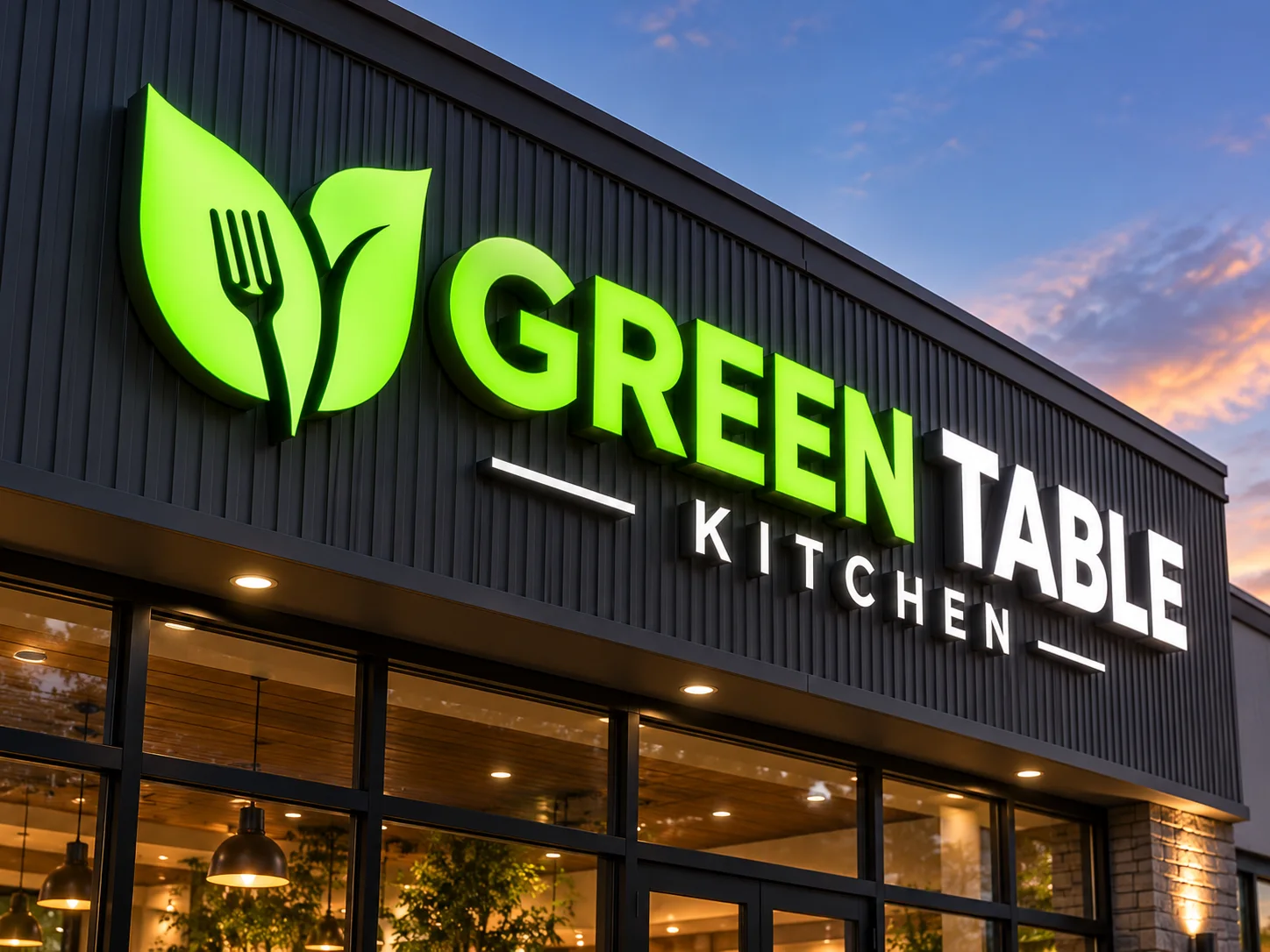 Green leaf-and-fork logo and white GREEN TABLE channel letters on a dark restaurant fascia