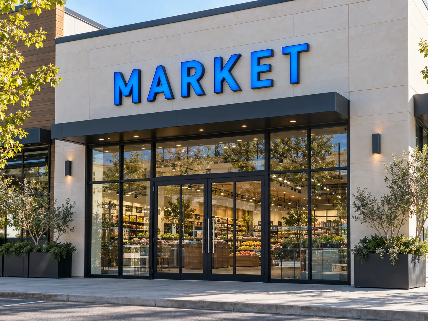 Blue front-lit MARKET lettering above a glazed retail entrance in daylight