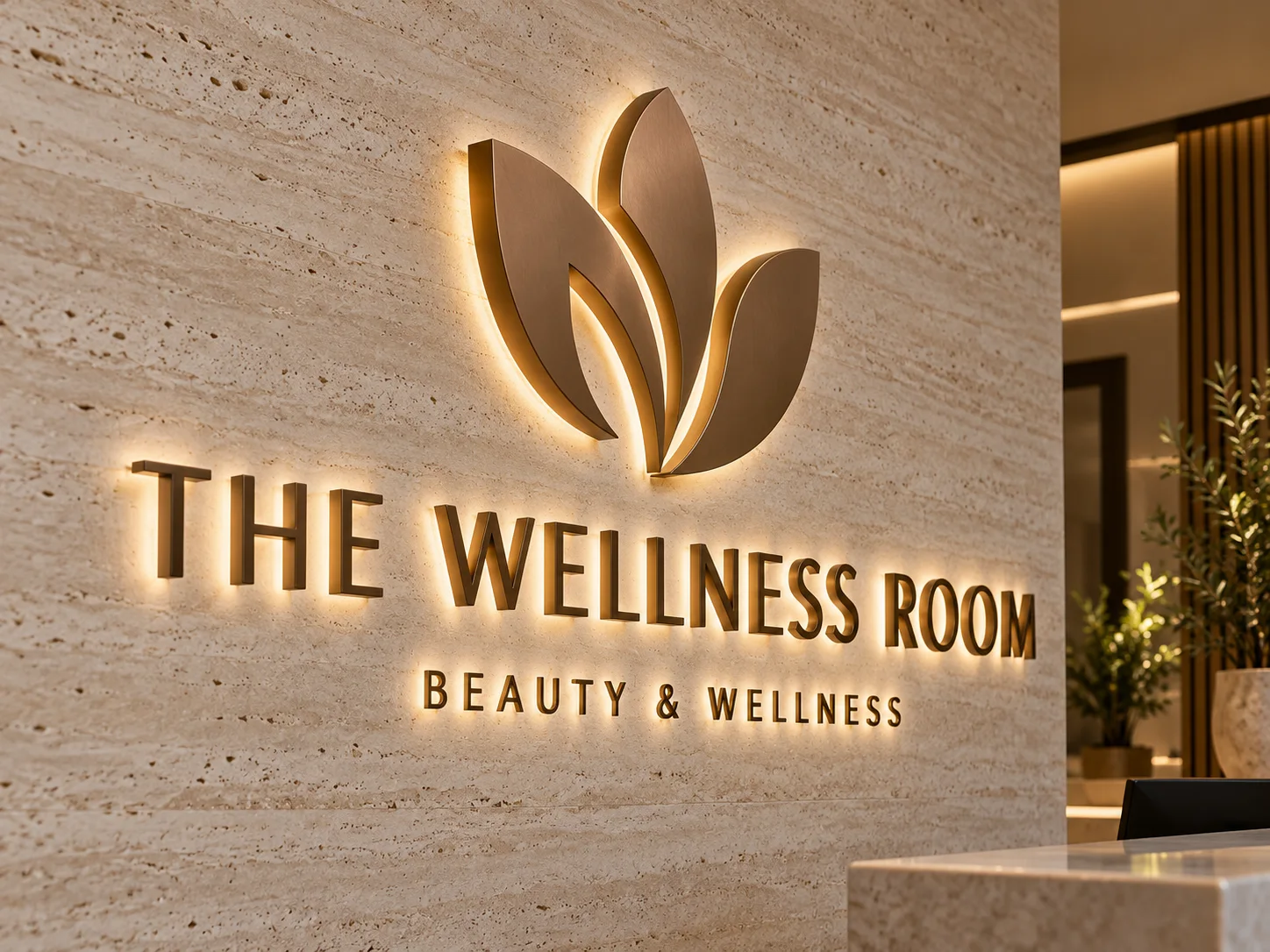 Bronze petal logo and two levels of rear-lit wellness lettering on textured travertine
