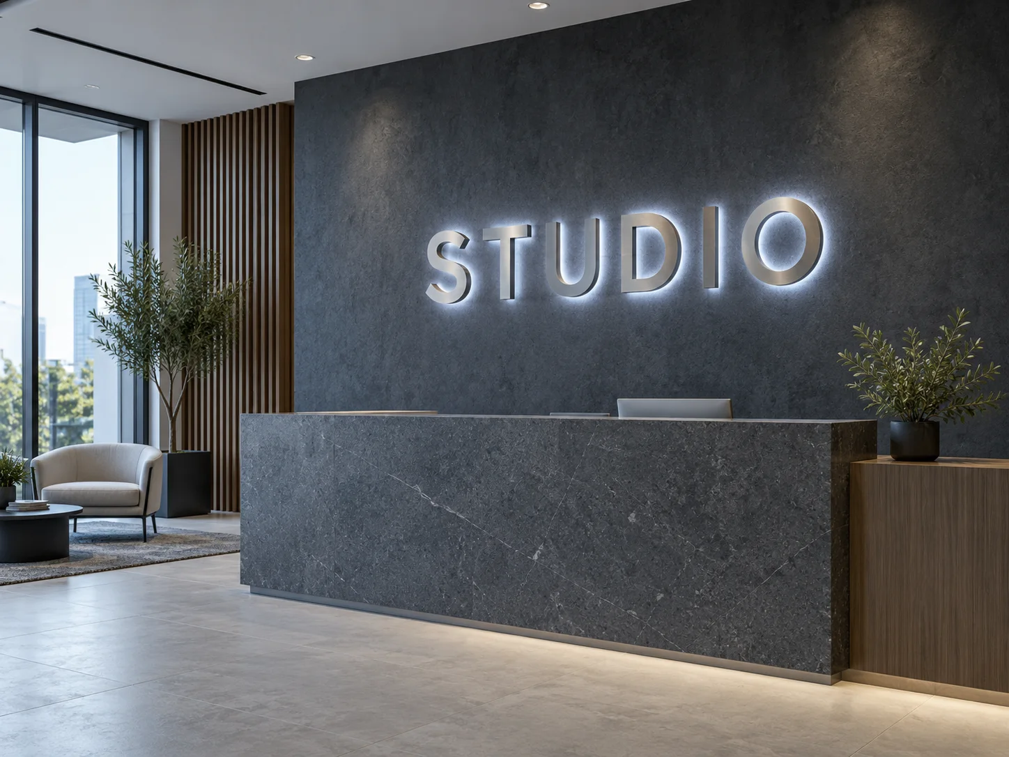 Brushed metal STUDIO letters with cool white rear halo in a grey office reception