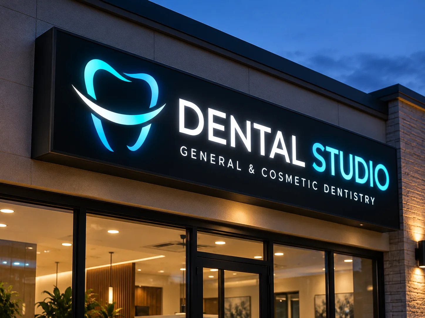 Cyan tooth logo and white DENTAL STUDIO lettering within a black illuminated sign cabinet