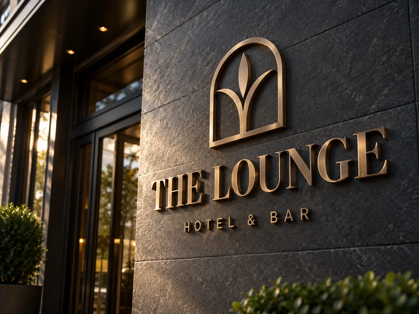Bronze crest and serif THE LOUNGE hotel lettering on dark stone without integral lighting