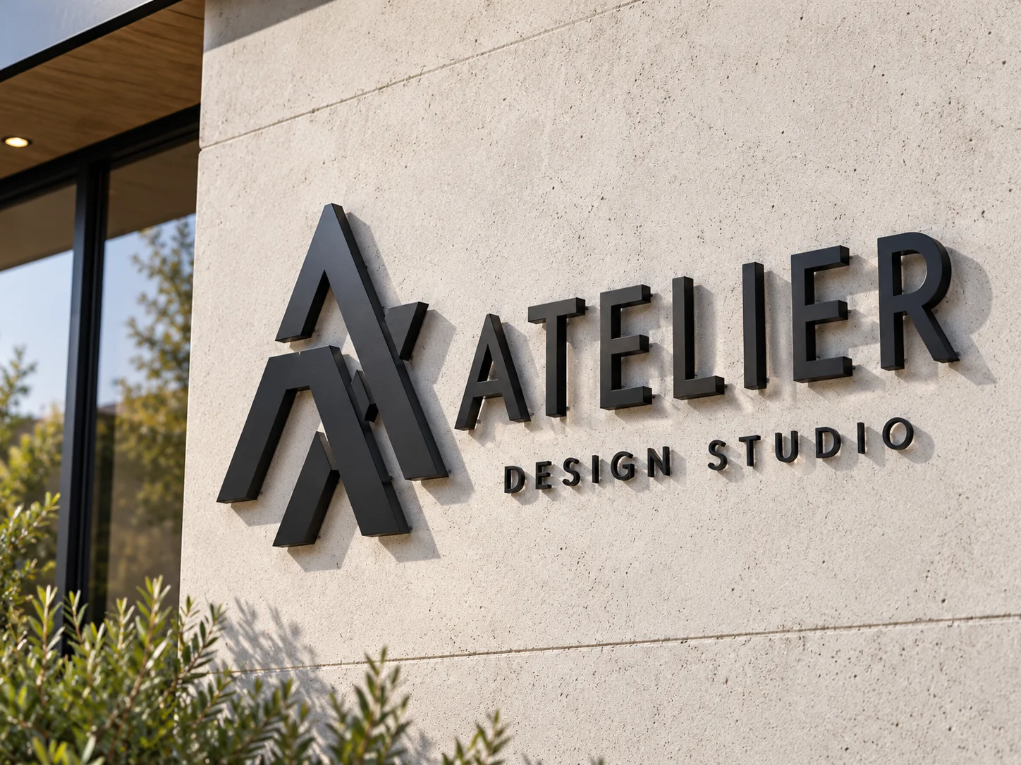 Black dimensional ATELIER logo and lettering on a pale stone wall
