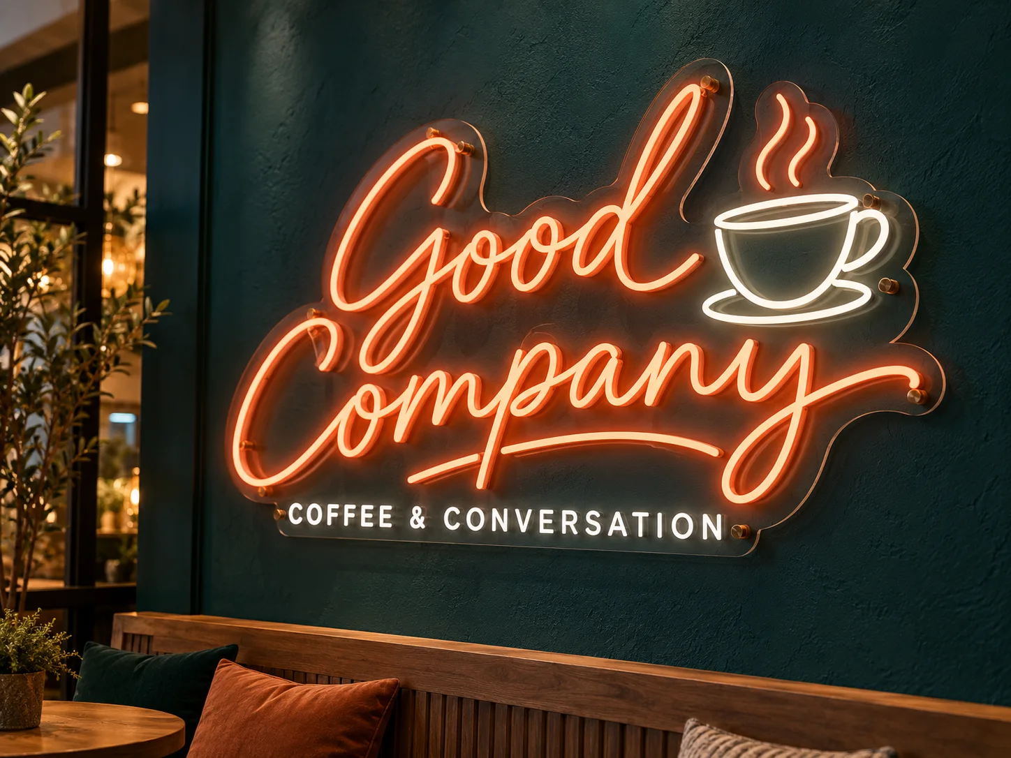 Coral Good Company script and a white coffee cup outline on a clear-backed light sign