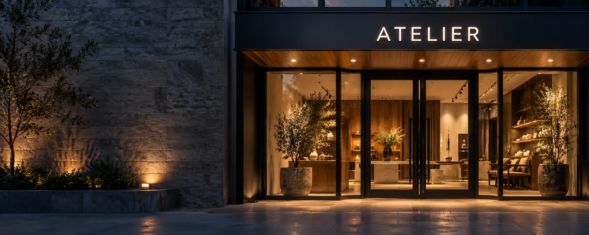Illuminated custom lettering on a contemporary commercial entrance, design concept
