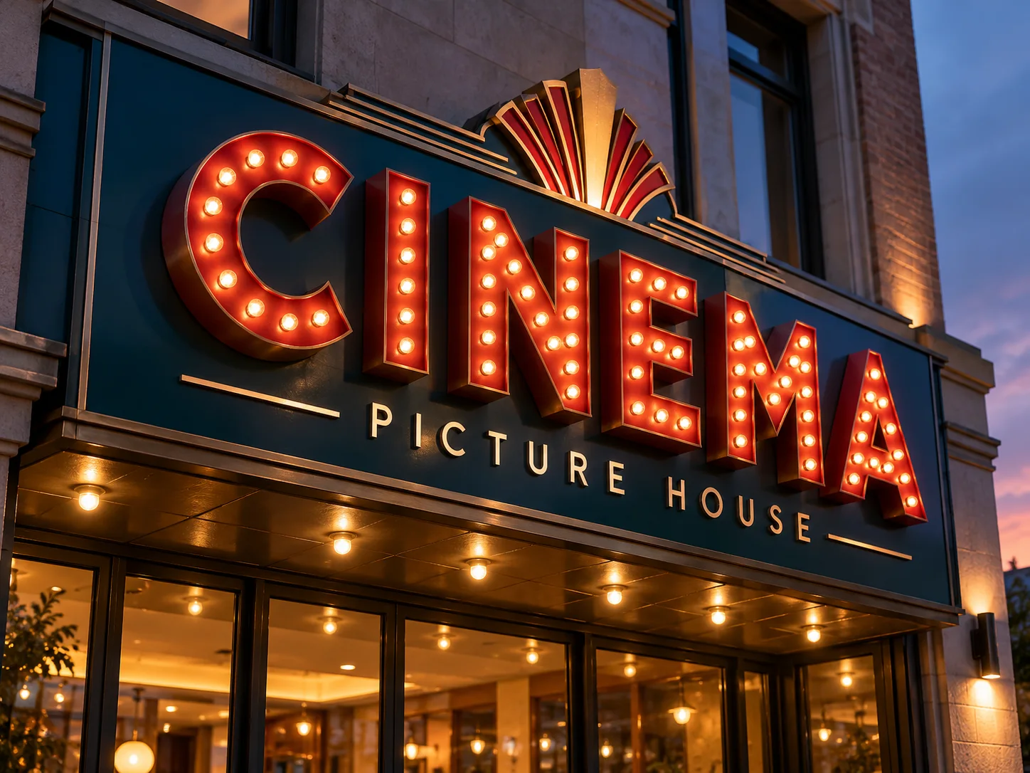 Red CINEMA marquee lettering with warm bulbs and an Art Deco crest above an entrance