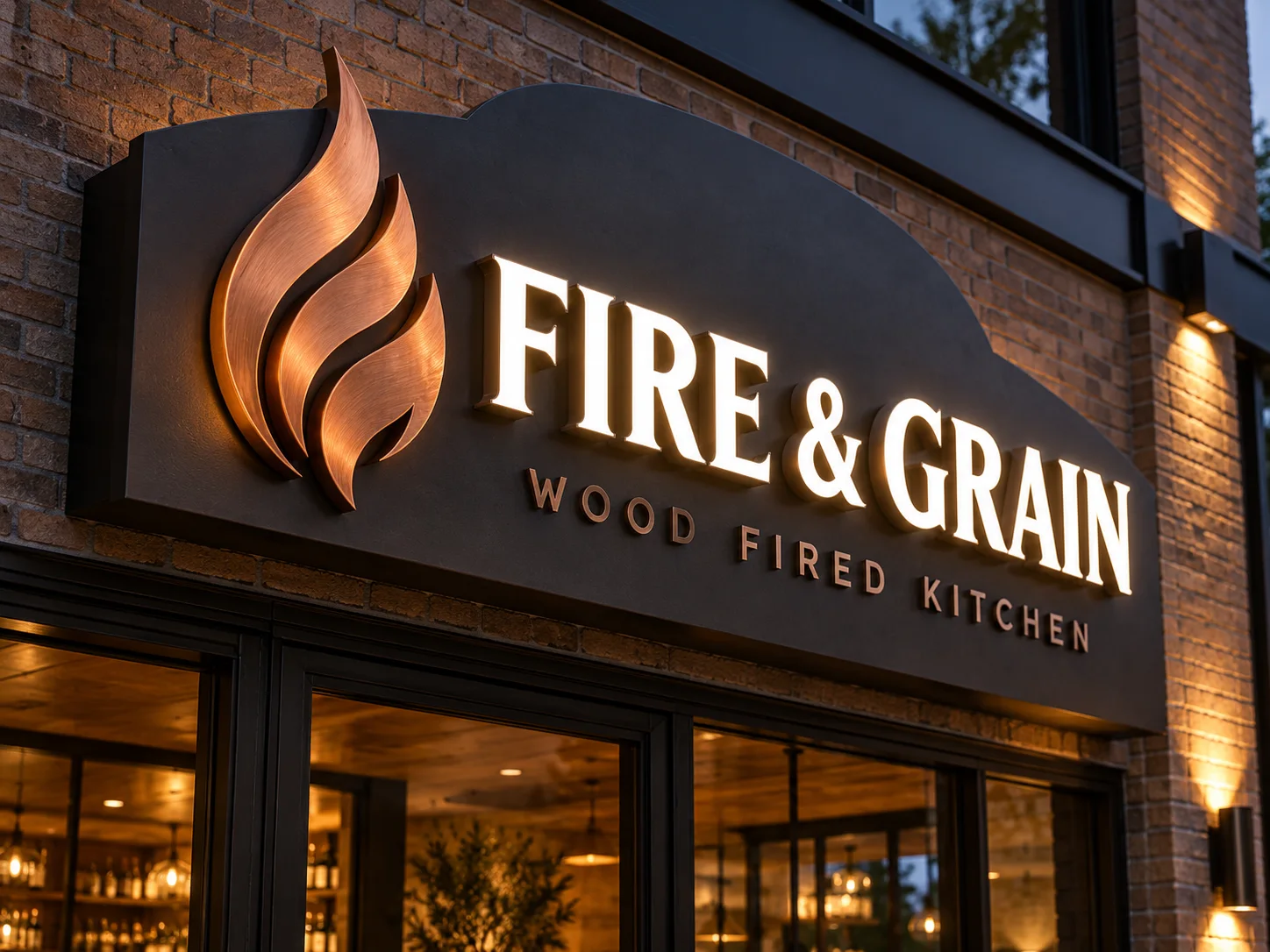 Copper flame emblem, white lit FIRE AND GRAIN letters and a secondary line on a shaped backing