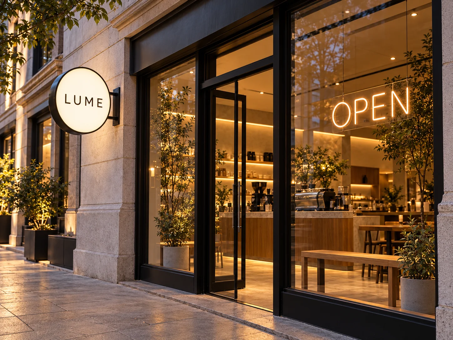 Round LUME lightbox and OPEN line-based lettering together in an imagined cafe storefront