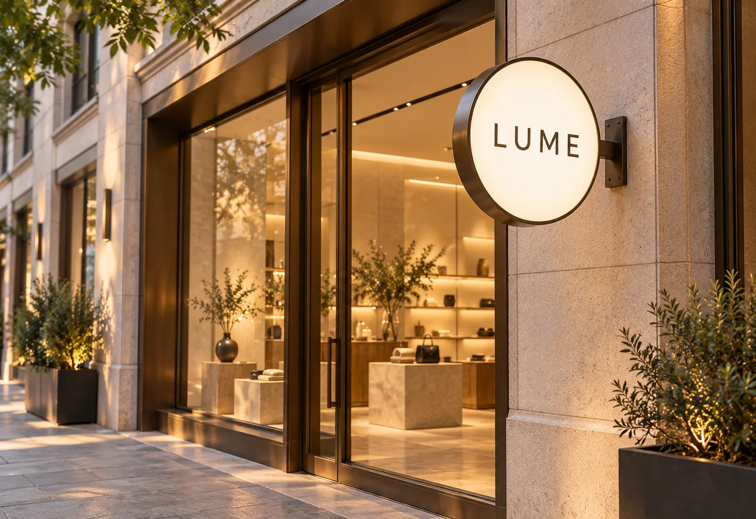 Illuminated LUME cabinet sign projecting from a commercial façade