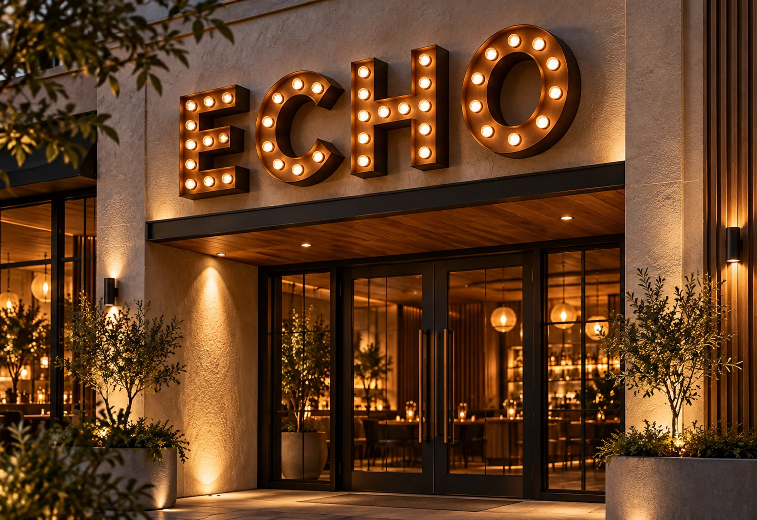 Illuminated ECHO marquee lettering creating an evening entrance feature