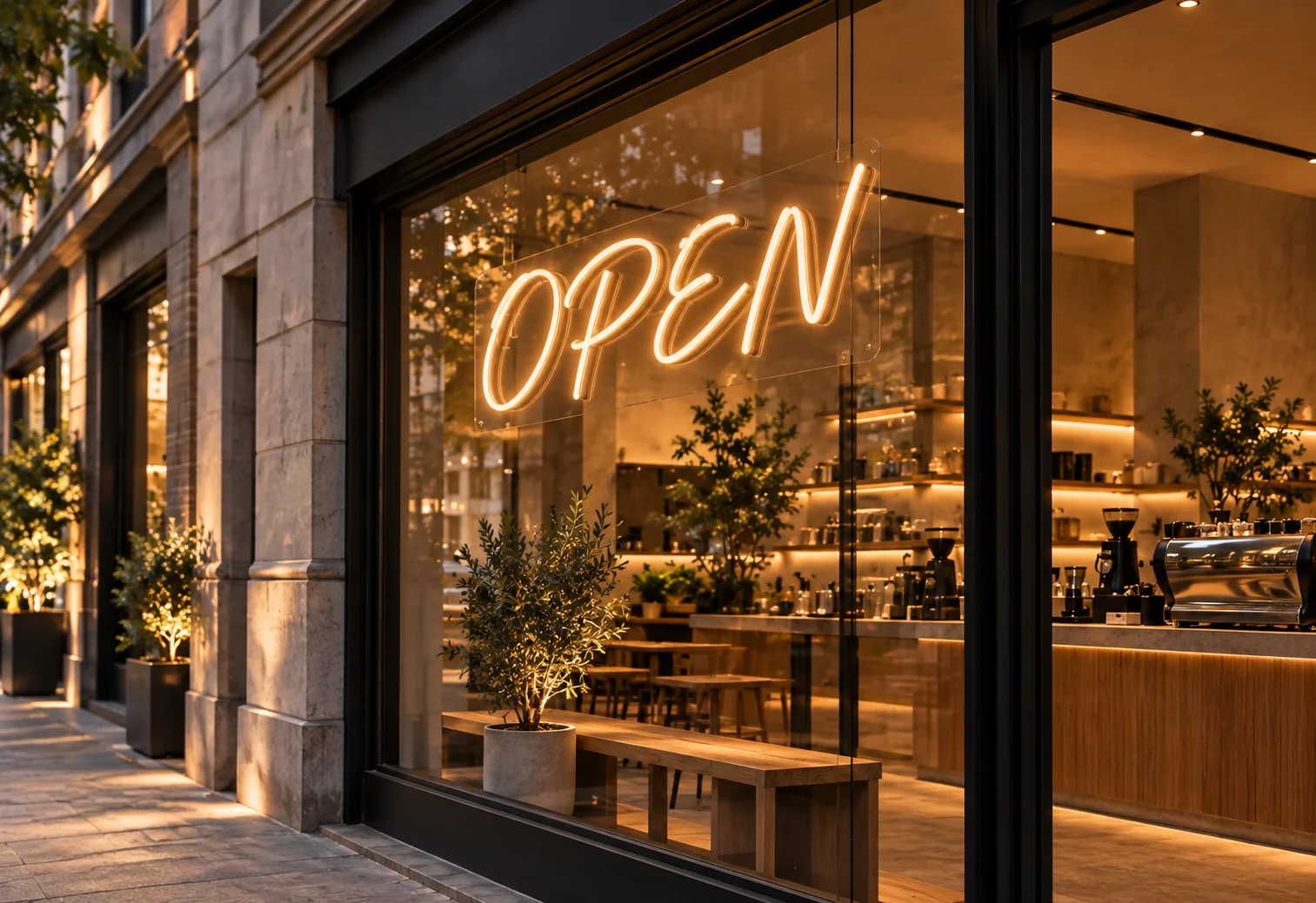 Illuminated OPEN line lettering displayed against a shop window