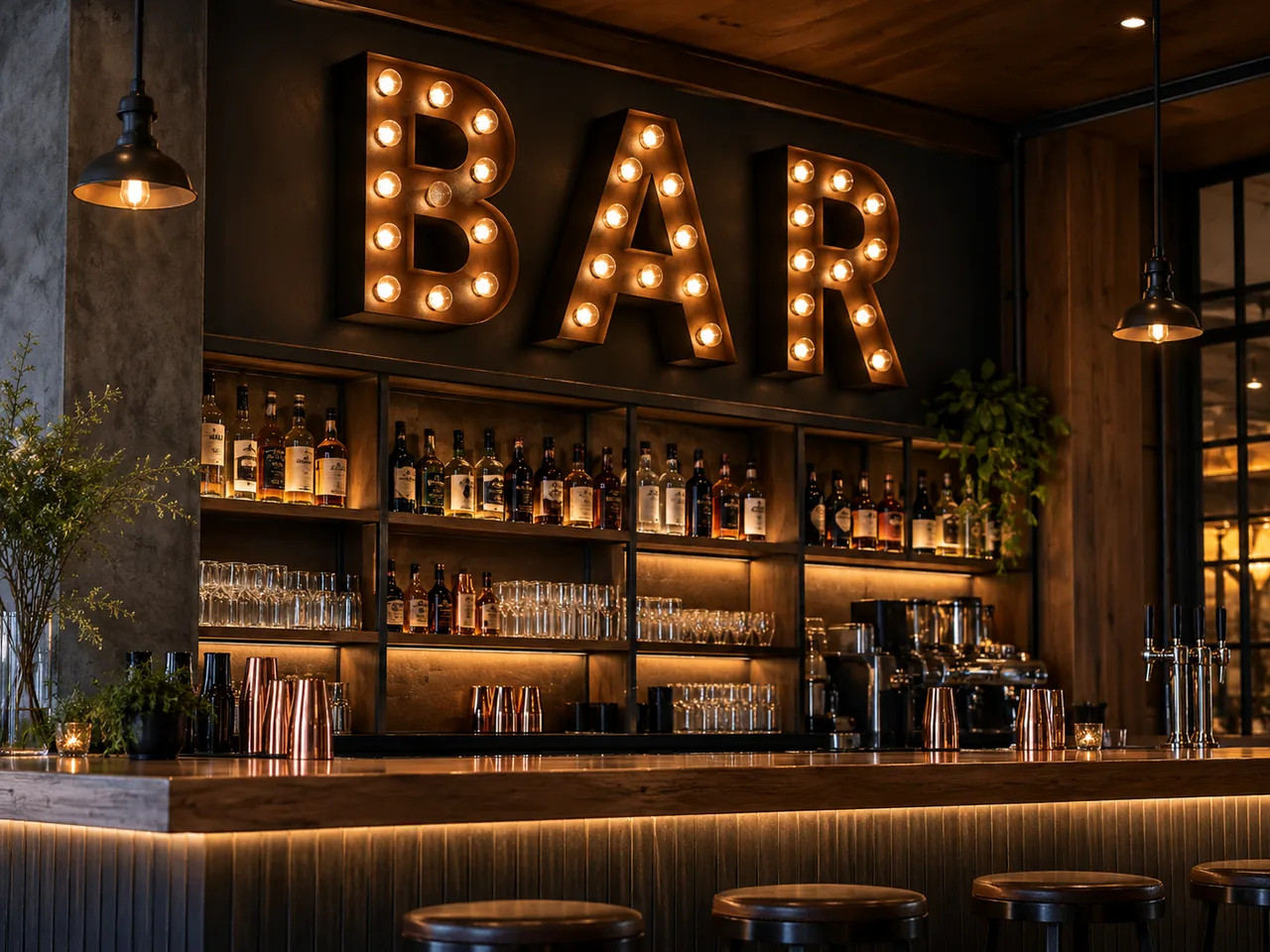 BAR bulb-lettering in an imagined hospitality space